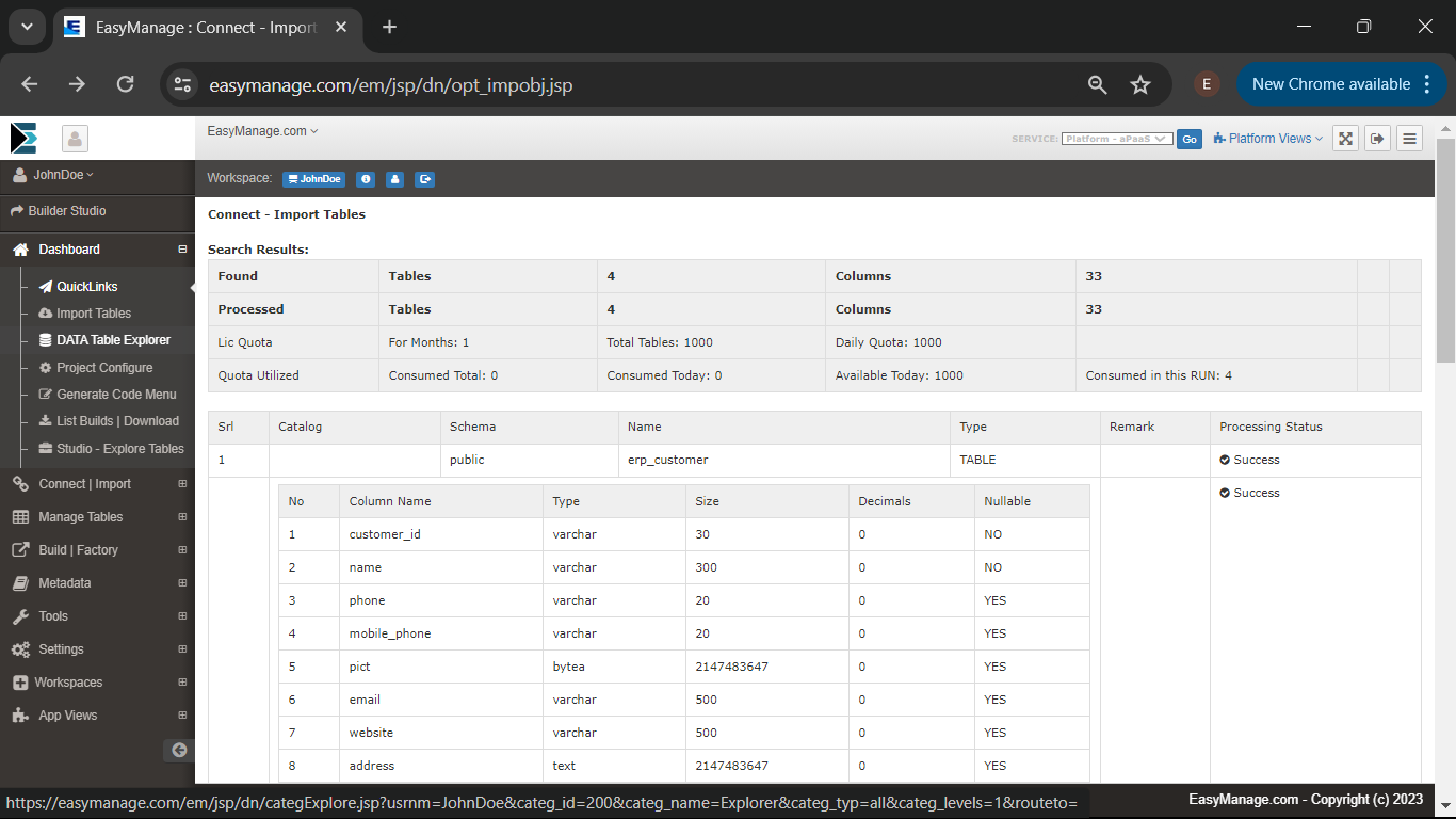 Import Tables - Imported Results