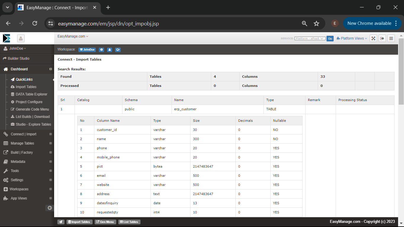 Import Tables Seach Results