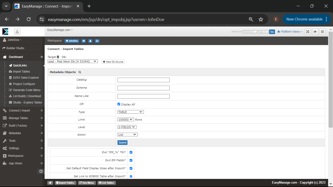 Import Tables Seach Options